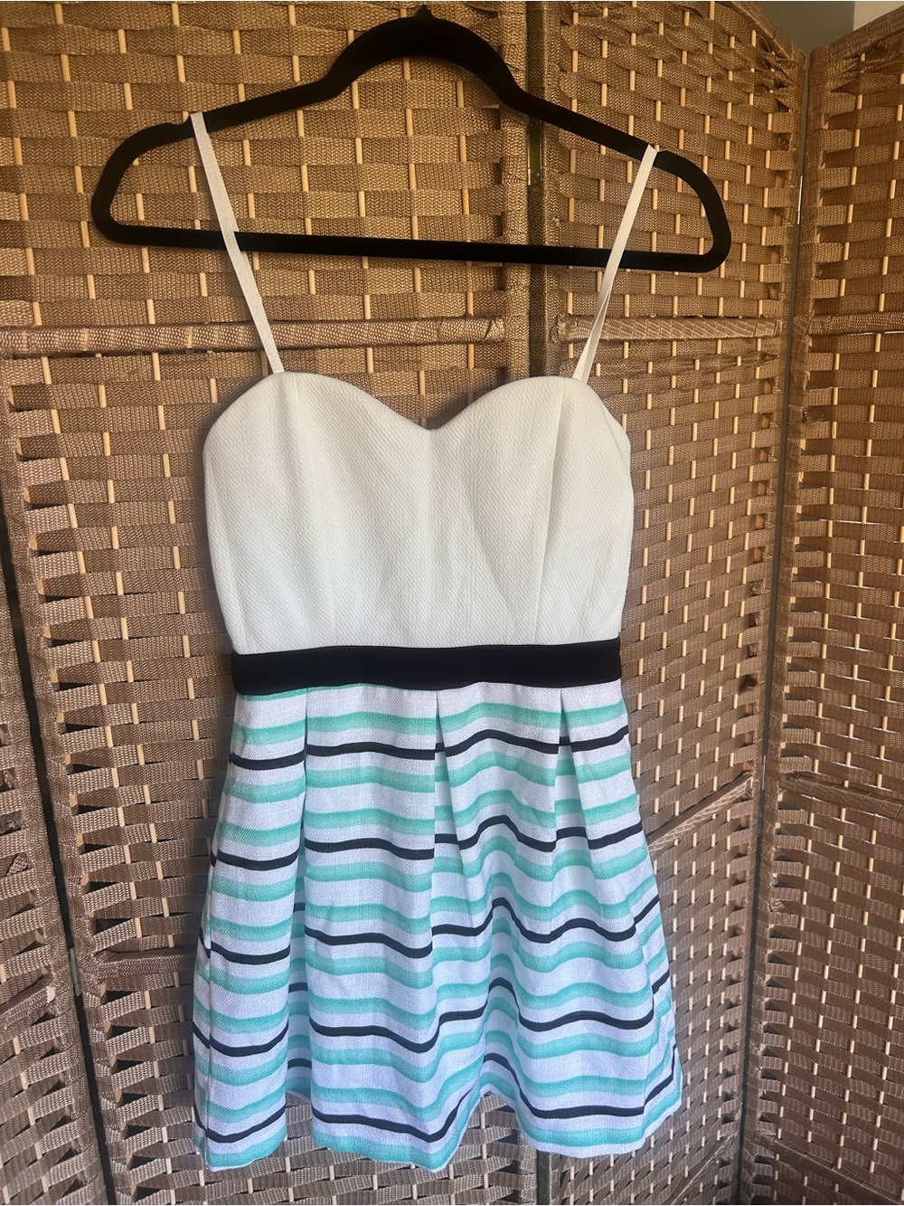 Main Strip White & Mint Striped Fit-and-Flare Dress with Black Waist